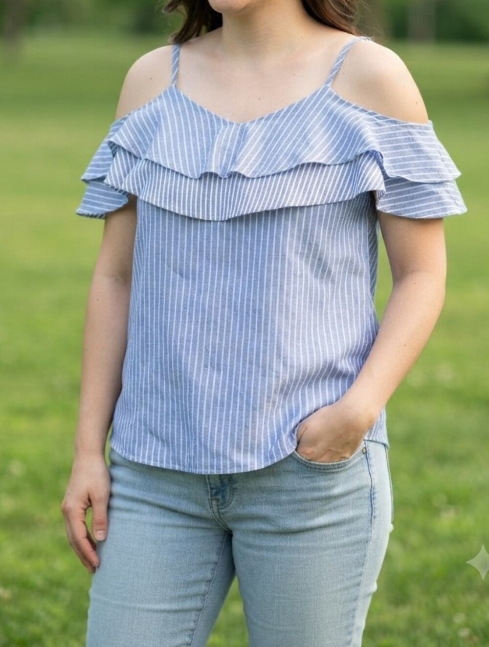Target Light Blue and White Striped Off-Shoulder Ruffle Camisole